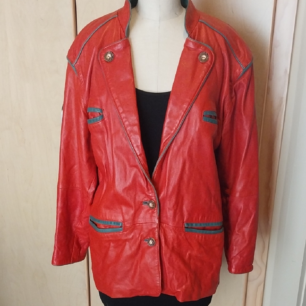 Vintage 1980s Red Lamb Nappa Leather Jacket with Teal Trim.  Medium